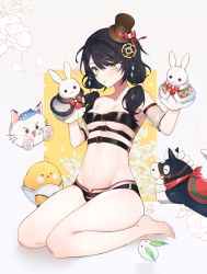Rule 34 | 1girl, armpits, bare shoulders, barefoot, belt, belt bra, bikini, black bikini, black hair, black hat, breasts, collarbone, commission, detached sleeves, elsword, eve (elsword), facial mark, hair ornament, hands up, hat, highres, long hair, looking at viewer, low twintails, medium breasts, navel, parted lips, puppet, see-through, see-through sleeves, sitting, solo, stomach, swimsuit, thighs, timy, top hat, twintails, yellow eyes