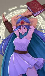 1girl ahoge aqua_cape arms_up blue_hair book breasts cape closed_mouth commentary_request cowboy_shot dragon_quest dragon_quest_iii dress floating_cape floating_clothes floating_hair gloves gold_circlet highres holding holding_book holding_staff large_breasts long_hair looking_at_viewer magic magic_circle red_eyes sage_(dq3) smile solo staff strapless strapless_dress tamayukisiba white_dress yellow_gloves