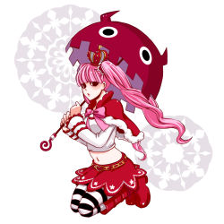 Rule 34 | 1girl, arie (gmpr), bad id, bad pixiv id, boots, cape, capelet, crown, female focus, full body, heart, long hair, long sleeves, midriff, one piece, pantyhose, perona, pink hair, red cape, red footwear, red skirt, shoes, short cape, simple background, skirt, solo, striped clothes, striped pantyhose, twintails, umbrella
