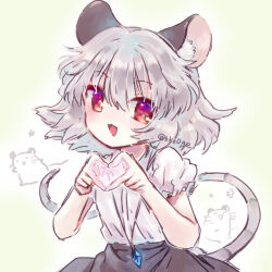 Rule 34 | 1girl, animal ear fluff, animal ears, biyon, black skirt, blush, grey hair, hair between eyes, heart, heart hands, jewelry, looking at viewer, mouse ears, mouse tail, nazrin, open mouth, pendant, red eyes, shirt, short hair, short sleeves, skirt, smile, solo, tail, touhou, twitter username, upper body, white shirt