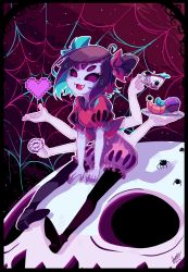 Rule 34 | 1girl, :d, bug, colored skin, creature, croissant, cup, cupcake, dated, doughnut, extra arms, extra eyes, fangs, food, heart, highres, holding, holding cup, holding plate, arthropod girl, leggings, muffet, muffet&#039;s pet, multicolored hair, open mouth, plate, puffy short sleeves, puffy shorts, puffy sleeves, purple skin, sandragh, shoes, short sleeves, short twintails, shorts, signature, silk, sitting, smile, spider, spider girl, spider web, twintails, undertale, watermark, web address
