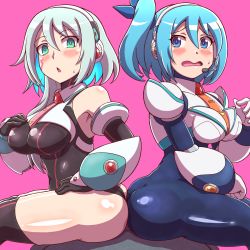 Rule 34 | 2girls, aqua eyes, artist request, ass, ass-to-ass, ass press, bare shoulders, blue eyes, blue hair, blush, bodysuit, breasts, capcom, embarrassed, gauntlets, gloves, headset, ico (megaman x dive), large breasts, leotard, long hair, looking at viewer, mega man x (series), mega man x dive, multicolored hair, multiple girls, open mouth, rico (mega man), shiny clothes, shiny skin, short hair, side ponytail, sideboob, silver hair, sitting, sweatdrop, thighhighs