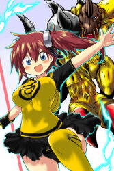 Rule 34 | aiba ami, blue eyes, cyclomon, digimon, digimon story: cyber sleuth, goggles, goggles on head, horns, long hair, panties, red hair, sharp teeth, sidetail, teeth, underwear