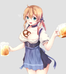Rule 34 | 10s, 1girl, :d, anchor hair ornament, apron, bad id, bad pixiv id, beer mug, between breasts, blonde hair, blue apron, breasts, choker, cleavage, collarbone, cup, dirndl, female focus, food, fuuen (akagaminanoka), german clothes, hair ornament, highres, kantai collection, large breasts, mug, open mouth, pretzel, prinz eugen (kancolle), puffy short sleeves, puffy sleeves, short sleeves, smile, solo, twintails, underbust, waist apron