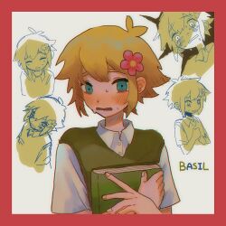 Rule 34 | 1boy, absurdres, basil (faraway) (omori), basil (omori), blonde hair, blue eyes, blush, character name, collared shirt, flower, green sweater vest, hair flower, hair ornament, highres, looking at viewer, omori, open mouth, shirt, short hair, short sleeves, solo, sweat, sweater vest, tate ware anal, upper body, white shirt