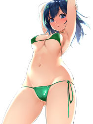 Rule 34 | 1girl, arm up, bare arms, bare legs, bare shoulders, bikini, blue eyes, blue hair, blush, breasts, cowboy shot, green bikini, hair between eyes, kantai collection, large breasts, medium hair, navel, open mouth, simple background, solo, souryuu (kancolle), swimsuit, takase muh, white background