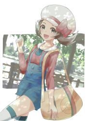 Rule 34 | 1girl, :d, bag, bow, brown eyes, brown hair, commentary request, creatures (company), game freak, handbag, hat, hat bow, hat ribbon, highres, long sleeves, looking at viewer, lyra (pokemon), nintendo, open mouth, overalls, photo background, poke ball print, pokemon, pokemon hgss, red bow, red shirt, ribbon, shirt, short hair, short twintails, smile, solo, standing, thighhighs, twintails, uji (966qrr), white thighhighs