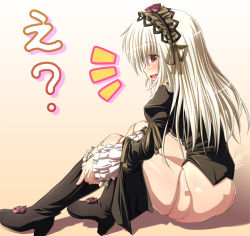 Rule 34 | 00s, ass, blush, boots, doll, doll joints, dress, flower, gucchi, joints, long hair, purple eyes, ribbon, rose, rozen maiden, solo, suigintou, white hair