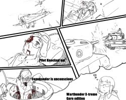Rule 34 | aerial battle, aircraft, aviator cap, bad id, bad pixiv id, battle, blood, blood from mouth, brain, caterpillar tracks, chernoshka, comic, cupola, dogfight, garrison cap, glasses, greyscale, guro, hat, headphones, m4 sherman, military, military vehicle, monochrome, motor vehicle, outdoors, p-26 peashooter, ribs, short hair, spot color, tank, thought bubble, tiger i, uniform, vehicle, war thunder, white background