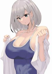 Rule 34 | 1girl, bare shoulders, blue one-piece swimsuit, breasts, cleavage, collarbone, commentary, covered navel, green eyes, hands up, highres, hololive, large breasts, looking down, no nose, one-piece swimsuit, open clothes, open shirt, parted lips, satou daiji, shirogane noel, shirt, silver hair, simple background, skindentation, solo, swimsuit, upper body, virtual youtuber, white background, white shirt