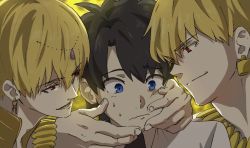 Rule 34 | 3boys, blonde hair, blue eyes, bracelet, brown hair, closed mouth, commentary request, dual persona, earrings, embarrassed, fate/grand order, fate (series), fujimaru ritsuka (male), gilgamesh, gilgamesh (caster) (fate), gilgamesh (fate), hair between eyes, hand on another&#039;s face, headpiece, jewelry, lock, lock earrings, looking down, male focus, mi (pic52pic), multiple boys, necklace, padlock, red eyes, smile, sweatdrop, yaoi