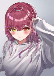 Rule 34 | 1girl, adjusting hair, arm up, blush, closed mouth, drop earrings, earrings, grey background, hair between eyes, heterochromia, hololive, houshou marine, jewelry, long hair, looking at viewer, nyaa28, red eyes, red hair, simple background, sleeves past wrists, smile, solo, upper body, virtual youtuber, yellow eyes