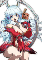 Rule 34 | 1girl, :d, artemis (fate), bare shoulders, bear, blue eyes, blue hair, bracelet, breasts, cleavage, club (weapon), detached sleeves, fate/grand order, fate (series), floating hair, gloves, hand up, jewelry, large breasts, light blue hair, long hair, long sleeves, looking at viewer, necklace, open mouth, orion (bear) (fate), pakotaroh, red gloves, simple background, smile, teeth, weapon, white background