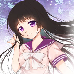 Rule 34 | 1girl, black hair, character request, commentary request, copyright request, floral background, long hair, looking at viewer, neck ribbon, ousawa kanata, playing with own hair, purple eyes, purple sailor collar, ribbon, sailor collar, school uniform, serafuku, short sleeves, smile, solo, sparkle, star (symbol), upper body, white ribbon