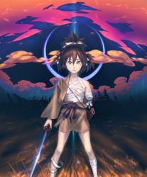 Rule 34 | 1girl, amputee, bandages, blue eyes, breasts, brown hair, cleavage, highres, japanese clothes, katana, kimono, night, ponytail, sky, sword, weapon