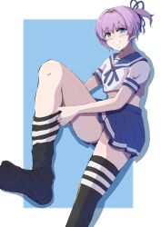 Rule 34 | 1girl, alternate costume, black thighhighs, blue eyes, blue neckerchief, blue skirt, dressing, feet out of frame, grin, highres, kantai collection, ld (luna dial398), neckerchief, pleated skirt, ponytail, puffy sleeves, purple hair, school uniform, serafuku, shiranui (kancolle), shirt, short hair, short sleeves, sitting, skirt, smile, solo, striped clothes, striped thighhighs, thighhighs, two-tone background, white shirt