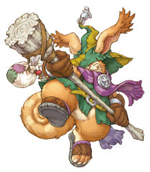 Rule 34 | 1boy, bell, belt, belt buckle, brown footwear, brown gloves, buckle, children of mana, closed eyes, closed mouth, freckles, fringe trim, full body, gloves, green hat, hammer, hat, highres, holding, holding weapon, male focus, official art, pouch, purple scarf, scarf, seiken densetsu, shoes, simple background, solo, stitches, wanderer (children of mana), weapon, whiskers, white background