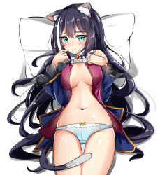 Rule 34 | 1girl, absurdres, animal ear fluff, animal ears, bare shoulders, bed sheet, black hair, blue panties, blue sleeves, blush, bow, bow panties, breasts, cat ears, cat girl, cat tail, closed mouth, clothes lift, detached sleeves, gluteal fold, green eyes, hair between eyes, hands up, highres, karyl (princess connect!), long hair, long sleeves, lying, medium breasts, moyoron, multicolored hair, navel, on back, panties, pillow, princess connect!, shadow, shirt, shirt lift, sleeves past wrists, solo, streaked hair, tail, thigh gap, underwear, very long hair, white background, white hair, white shirt, wide sleeves