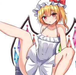 Rule 34 | 1girl, alternate costume, apron, blonde hair, blush, bow, crystal, flandre scarlet, gem, hat, highres, kiui (dagk8254), mob cap, naked apron, open mouth, red eyes, ribbon, short hair, side ponytail, simple background, solo, spread legs, touhou, wings