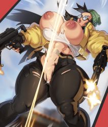 Rule 34 | 1girl, breasts, bullet, gun, highres, huge breasts, jujunaught, killjoy (valorant), torn clothes, valorant, weapon
