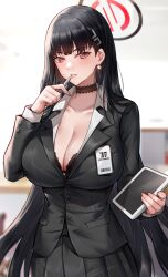 Rule 34 | 1girl, absurdres, black bra, black choker, black hair, black jacket, black skirt, blazer, blue archive, blush, bra, bra peek, breasts, choker, cleavage, earrings, hair ornament, hairclip, halo, highres, holding, holding pen, holding tablet pc, hua-j, id card, jacket, jewelry, large breasts, looking at viewer, parted lips, pearl earrings, pen, pleated skirt, red eyes, rio (blue archive), skirt, solo, tablet pc, underwear
