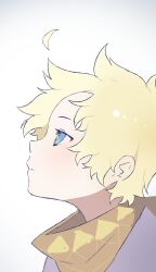 Rule 34 | 1boy, blue eyes, blush, bright pupils, eyelashes, fate/grand order, fate (series), from side, highres, looking up, male focus, parted lips, profile, scarf, short hair, simple background, solo, tetsu (teppei), upper body, voyager (fate), white background, white pupils, yellow scarf