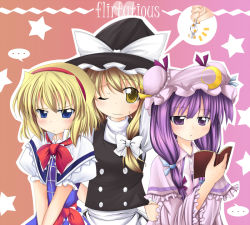 Rule 34 | 3girls, alice margatroid, apron, blonde hair, blue dress, blush, book, bow, bowtie, braid, dress, expressionless, female focus, hat, holding, holding book, jitome, kirisame marisa, long hair, looking at viewer, makino (ukiuo), multiple girls, open book, patchouli knowledge, purple eyes, purple hair, red bow, red bowtie, short hair, single braid, speech bubble, star (symbol), talking, text focus, touhou, upper body, v arms, very long hair, waist apron, witch hat