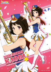 Rule 34 | 10s, 1girl, absurdres, band uniform, boots, brown hair, character name, copyright name, elbow gloves, gloves, gradient background, hibike! euphonium, highres, instrument, knee boots, legs, mole, mole under eye, nakaseko kaori, non-web source, official art, pink eyes, short hair, smile, solo, striped, striped background, trumpet, white footwear, zoom layer