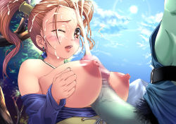 Rule 34 | 1girl, blush, breasts, censored, cum, cum string, day, dragon quest, dragon quest viii, dress, earrings, ejaculation, erection, facial, highres, huge breasts, huge penis, jessica albert, jewelry, mosaic censoring, nipples, one eye closed, cum overflow, paizuri, penis, projectile cum, purple shirt, sex, shinozuka jouji, shirt, short hair, solo focus, square enix, strapless, strapless dress, twintails, wink