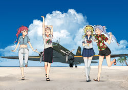 Rule 34 | 4girls, ahoge, aircraft, airplane, alternate costume, annin musou, arm up, black shorts, blonde hair, blue eyes, blue hair, blue sailor collar, blue shirt, blue skirt, blush, book, casual, closed mouth, cloud, cloudy sky, collared shirt, day, fang, g4m, glasses, hair between eyes, hat, holding, holding book, i-168 (kancolle), i-19 (kancolle), i-58 (kancolle), i-8 (kancolle), kantai collection, long hair, multiple girls, navel, neckerchief, one eye closed, open mouth, palm tree, pants, pink eyes, pink hair, pleated skirt, ponytail, red-framed eyewear, red eyes, sailor collar, sandals, school uniform, serafuku, shirt, short hair, short sleeves, shorts, skirt, sky, smile, thighhighs, tree, tri tails, white headwear, white pants, white shirt, white thighhighs, yellow neckerchief