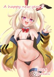 Rule 34 | 1girl, 2024, absurdres, animal ears, azur lane, bache (azur lane), bare shoulders, bikini, black bikini, blonde hair, blush, bow, bowtie, breasts, commentary request, detached collar, english text, fang, fishnet thighhighs, fishnets, from below, groin, hand up, happy new year, highres, hip focus, igarashi gozo, jacket, long hair, looking at viewer, mixed-language commentary, navel, new year, no pants, nontraditional playboy bunny, off shoulder, open clothes, open jacket, outstretched hand, playboy bunny bikini, purple eyes, rabbit ears, red bow, red bowtie, single fishnet legwear, small breasts, solo, swimsuit, thighhighs, very long hair, waving, yellow jacket