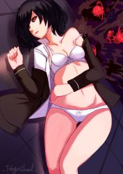 Rule 34 | 1girl, bare legs, bare shoulders, black hair, black jacket, bra, breasts, cleavage, collarbone, commentary, commentary request, copyright name, english commentary, hair over one eye, hand on own stomach, jacket, kagune (tokyo ghoul), kirishima touka, long sleeves, looking to the side, lying, panties, red eyes, ryuuno6, shirt, short hair, small breasts, solo, tokyo ghoul, underwear, white bra, white panties, white shirt
