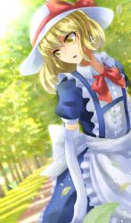 Rule 34 | 1girl, apron, ascot, back bow, blonde hair, blue dress, bow, dress, dutch angle, elbow gloves, frilled ascot, frills, gloves, hat, hat bow, highres, kana anaberal, kei63851953, medium hair, open mouth, puffy short sleeves, puffy sleeves, red ascot, red bow, red ribbon, ribbon, short sleeves, sun hat, touhou, touhou (pc-98), white apron, white bow, white gloves, white hat, yellow eyes