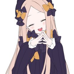 Rule 34 | 1girl, :d, abigail williams (fate), black bow, black dress, black hat, blush stickers, bow, closed eyes, commentary, dress, fate/grand order, fate (series), fingernails, hair bow, hat, head tilt, light brown hair, long hair, long sleeves, looking at viewer, multiple hair bows, open mouth, orange bow, parted bangs, polka dot, polka dot bow, simple background, smile, solo, steepled fingers, sumi (gfgf 045), teeth, upper body, upper teeth only, white background