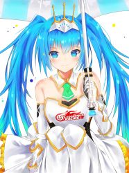 Rule 34 | 1girl, bad id, bad pixiv id, bare shoulders, blue eyes, blue hair, breasts, crown, elbow gloves, gloves, goodsmile racing, green necktie, hair ornament, hatsune miku, highres, holding, holding umbrella, long hair, looking at viewer, matching hair/eyes, necktie, race queen, racing miku, racing miku (2015), shiny skin, short necktie, sitting, small breasts, smile, solo, tr, tr (kangtw123), twintails, umbrella, vocaloid, white gloves