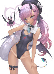 Rule 34 | 1girl, absurdres, bare shoulders, beret, black one-piece swimsuit, blush, breasts, dark-skinned female, dark skin, demon tail, demon wings, food in mouth, hand on own hip, hand on own thigh, hat, highres, hitowa, horns, innertube, long hair, looking at viewer, monster, mouth hold, one-piece swimsuit, original, pleated skirt, ponytail, purple eyes, purple hair, simple background, skirt, small breasts, solo, swim ring, swimsuit, tail, tan, tanline, thigh strap, very long hair, white background, wings