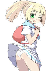 Rule 34 | 1girl, ass, backpack, bag, blonde hair, braid, creatures (company), from side, game freak, green eyes, lillie (pokemon), long hair, looking back, naitou kouse, nintendo, one eye closed, open mouth, panties, pokemon, pokemon sm, ponytail, shirt, skirt, smile, solo, underwear, white panties, white shirt, white skirt, wind, wind lift