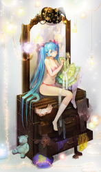Rule 34 | 1boy, 2girls, absurdres, aqua eyes, aqua hair, blonde hair, bow, bra, breasts, chest of drawers, christmas lights, cleavage, dress, unworn dress, foot dangle, frown, full body, gradient background, green dress, green eyes, hair bow, hair ribbon, hat, unworn hat, hatsune miku, unworn headwear, highres, holding, holding clothes, kagamine len, kagamine rin, kneehighs, lace, layered dress, light bulb, long hair, looking away, mirror, multiple girls, navel, no shoes, orry, panties, petite, pink bra, pink panties, reflection, ribbon, sitting, socks, solo focus, star (symbol), star print, stuffed animal, stuffed rabbit, stuffed toy, table, teddy bear, twintails, underwear, underwear only, vanity table, very long hair, vocaloid, white legwear, witch hat, yamaha