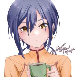 Rule 34 | 1girl, assault lily, blue hair, blush, character name, chinese clothes, closed mouth, coffee, coffee mug, commentary, cup, dated, earrings, fingernails, hair between eyes, hands up, holding, holding cup, jewelry, long hair, looking at viewer, mole, mole under eye, mug, orange shirt, portrait, shirt, sidelocks, simple background, single earring, smile, solo, steam, teru (teru3sei), wang ruixi, white background, yellow eyes