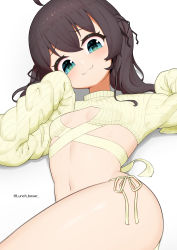 Rule 34 | 1girl, :3, absurdres, ahoge, black ribbon, blush, breasts, brown hair, closed mouth, commentary request, cropped sweater, green eyes, hair between eyes, hair ribbon, highres, hololive, long hair, long sleeves, looking at viewer, lunch boxer, lying, natsuiro matsuri, navel, panties, revealing clothes, ribbon, side-tie panties, simple background, sleeves past fingers, sleeves past wrists, small breasts, smile, solo, string panties, sweater, twintails, twitter username, underwear, virtual youtuber, white background, yellow panties, yellow sweater