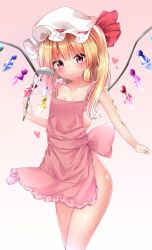 Rule 34 | 1girl, apron, bare arms, bare shoulders, blonde hair, blush, breasts, cleavage, collarbone, commentary request, cowboy shot, crystal, flandre scarlet, frilled apron, frills, gradient background, groin, hat, hat ribbon, heart, highres, holding, holding ladle, ladle, long hair, looking at viewer, mob cap, naked apron, no panties, one side up, pink apron, pink background, red eyes, red ribbon, ribbon, sabana, small breasts, smile, solo, standing, thighs, touhou, white background, white hat, wings