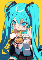 Rule 34 | 1girl, aleiioli, aqua hair, black skirt, blue eyes, chopsticks, eating, food, hatsune miku, highres, idol, makeup, nissin cup noodle, noodles, simple background, skirt, twintails, vocaloid, yellow background