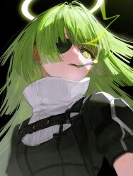 Rule 34 | 1girl, black background, black shirt, blush, chest harness, cigarette, cross, eyepatch, from below, frost fog, green eyes, green hair, green halo, halo, harness, high collar, highres, inverted cross, long bangs, long hair, looking at viewer, mouth hold, original, puffy short sleeves, puffy sleeves, purple eyes, raised eyebrows, ringed eyes, shirt, short sleeves, sidelocks, smoke trail, smoking, solo, upper body
