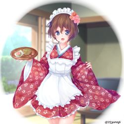 Rule 34 | 1girl, akaboshi koume, alternate costume, apron, blue eyes, blurry, blurry background, brown hair, commentary, cup, day, flower, frilled apron, frills, girls und panzer, green tea, hair flower, hair ornament, highres, holding, holding tray, indoors, japanese clothes, kimono, long sleeves, looking at viewer, maid, maid apron, maid headdress, open mouth, pink kimono, short hair, short kimono, shouji, sliding doors, smile, solo, standing, tea, tray, twitter username, wa maid, wavy mouth, white apron, wide sleeves, yunagi (arukumaruta), yunomi