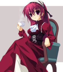 Rule 34 | 1girl, armchair, artist request, breasts, chair, closed mouth, corset, cup, dress, expressionless, frills, grey background, hair ribbon, headband, holding, large breasts, long sleeves, looking at viewer, pink eyes, red dress, red eyes, red hair, ribbon, shuumatsu shoujo gensou alicematic, simple background, sitting, smile, solo, steam, tea, tsukigase sayane, underbust