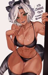 Rule 34 | 1girl, abs, animal ears, bikini, black bikini, breasts, commentary, dark-skinned female, dark skin, english commentary, english text, green eyes, grey hair, highres, horns, indie virtual youtuber, jewelry, large breasts, leaning forward, looking at viewer, necklace, sansin jin, scar, second-party source, short hair, skindentation, solo, suliavtuber, swimsuit, tail, teeth, thighhighs, virtual youtuber