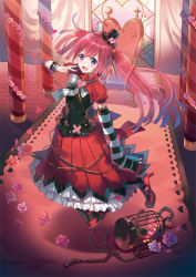 Rule 34 | birdcage, bokura wa mahou shoujo no naka, cage, chain, detached sleeves, eihi, flower, gothic lolita, hat, heart, jumping, lolita fashion, long hair, looking at viewer, nail polish, open mouth, pantyhose, red eyes, red footwear, red hair, red skirt, retsuzane, rose, shoes, skirt, smile, striped clothes, striped legwear, striped pantyhose, throne, twintails, v