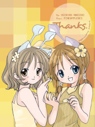Rule 34 | 2girls, aisha (neopets), animal ears, blue eyes, brown eyes, brown hair, flower, hair flower, hair ornament, multiple girls, neopets, original, personification, pineapplebes, short hair, short twintails, smile, twintails