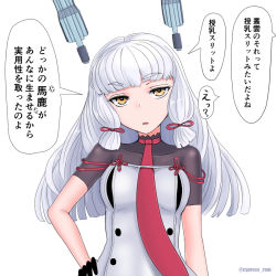 Rule 34 | 1girl, commentary request, cypress, dress, hair ribbon, hand on own hip, headgear, kantai collection, long hair, looking at viewer, murakumo (kancolle), murakumo kai ni (kancolle), necktie, orange eyes, red necktie, ribbon, short eyebrows, sidelocks, silver hair, simple background, solo, translation request, tress ribbon, upper body, white background, white dress