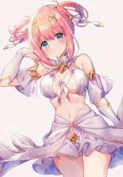 Rule 34 | 1girl, blue eyes, blush, breasts, female focus, hair ornament, highres, large breasts, looking at viewer, miyakoto, pink hair, princess connect!, skirt, solo, yui (ceremonial) (princess connect!), yui (princess connect!)